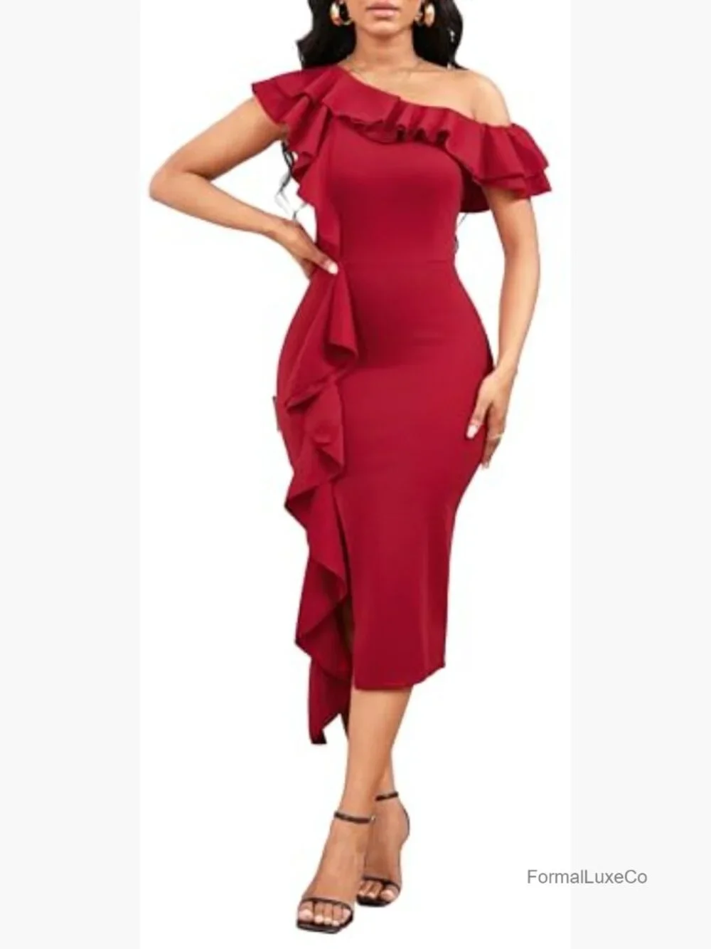 Long Sleeve Ruffle Pencil Dress with Belt - Picture 3 of 5